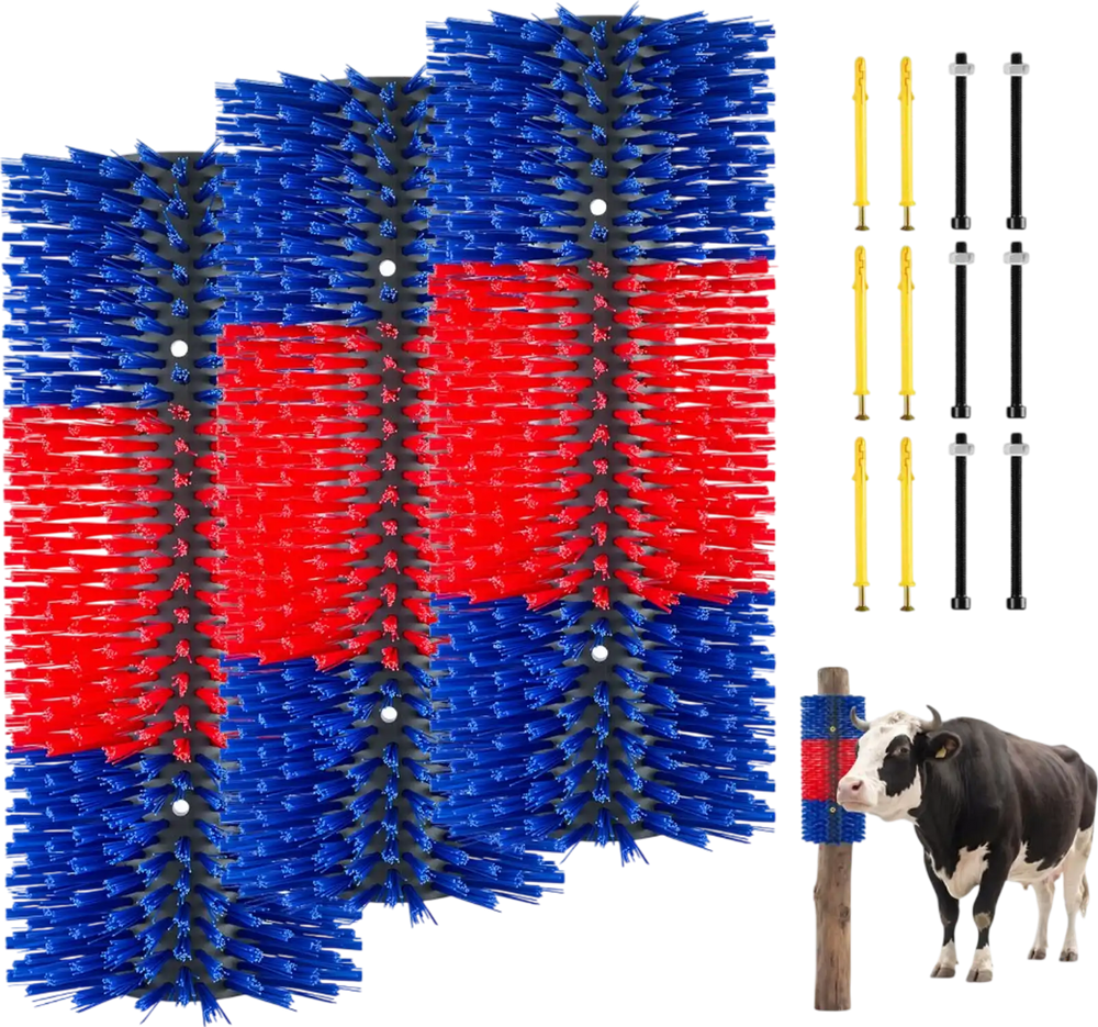 VEVOR Livestock Scratching Brush, 3PCS Goat Scratcher Brush Post with 12 Screws, 16.9" x 7.5" Cow Scratcher for Back Itch Relief, Massage Grooming Scratch Tool for Horse Cattle Sheep Pig, Blue & Red