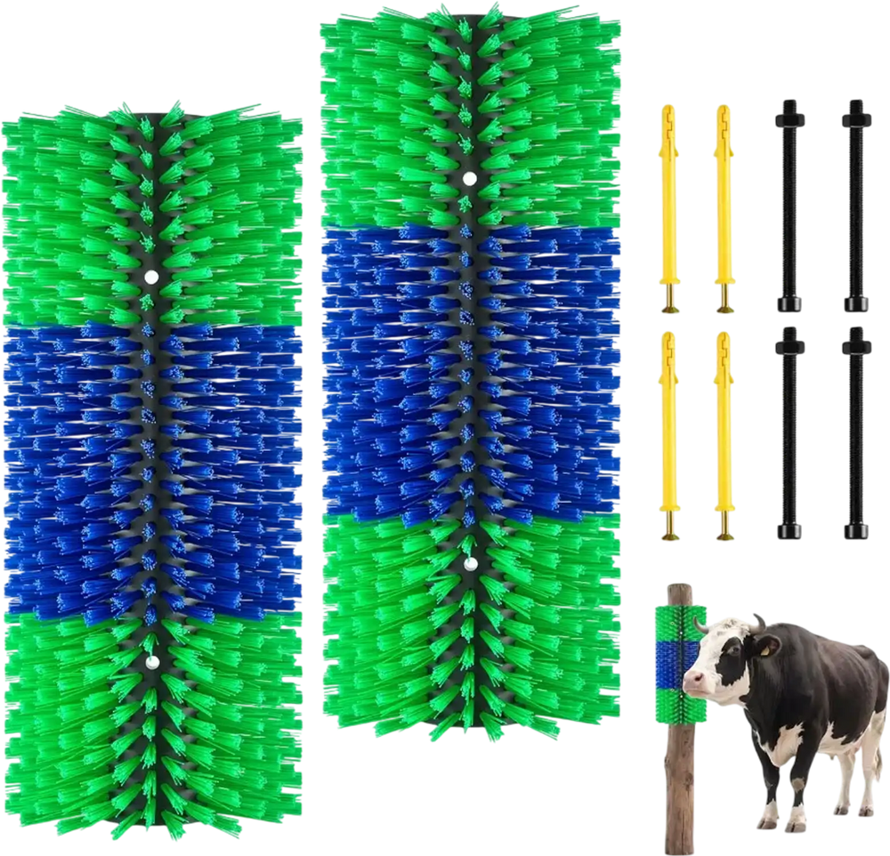 VEVOR Livestock Scratching Brush, 2PCS Goat Scratcher Brush Post with 8 Screws, 16.9" x 7.5" Cow Scratcher for Back Itch Relief, Massage Grooming Scratch Tool for Horse Cattle Sheep Pig, Green & Blue