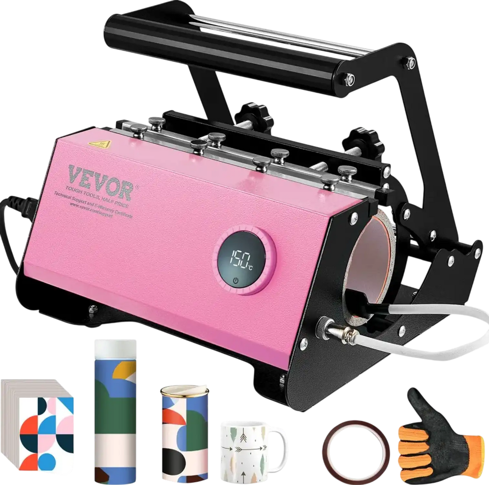 VEVOR Mug Heat Press, 11-30oz Tumbler Heat Press Machine, Sublimation Transfer Straight Skinny Tumblers, Cup Heat Press with Heat-resist Gloves & Tape, DIY Ceramic Mugs Cups Glasses, As Gift, Pink
