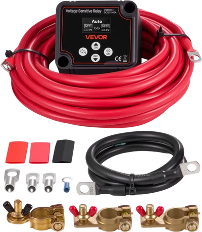 VEVOR Dual Battery Isolator Kit, 12V 140 Amp 20 ft 6AWG, Manual and Automatic VSR Voltage Sensitive Relay with Voltmeter, LCD Screen, Smart Battery Isolator, Compatible with Lithium Batteries, for UTV