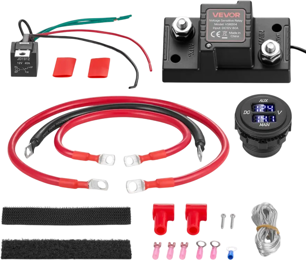 VEVOR Dual Battery Isolator Kit, 12V 80 Amp 2 ft 6 AWG, Manual / Automatic VSR Voltage Sensitive Relay with Voltmeter, LCD Screen, Smart Battery Isolator, Compatible with Lead-Acid Batteries, for UTV