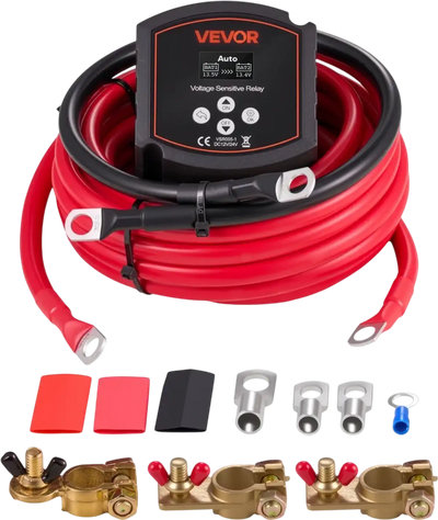 VEVOR Dual Battery Isolator Kit, 12V 300 Amp 20 ft 2AWG, Manual and Automatic VSR Voltage Sensitive Relay with Voltmeter, LCD Screen, Smart Battery Isolator, Compatible with Lithium Batteries, for UTV