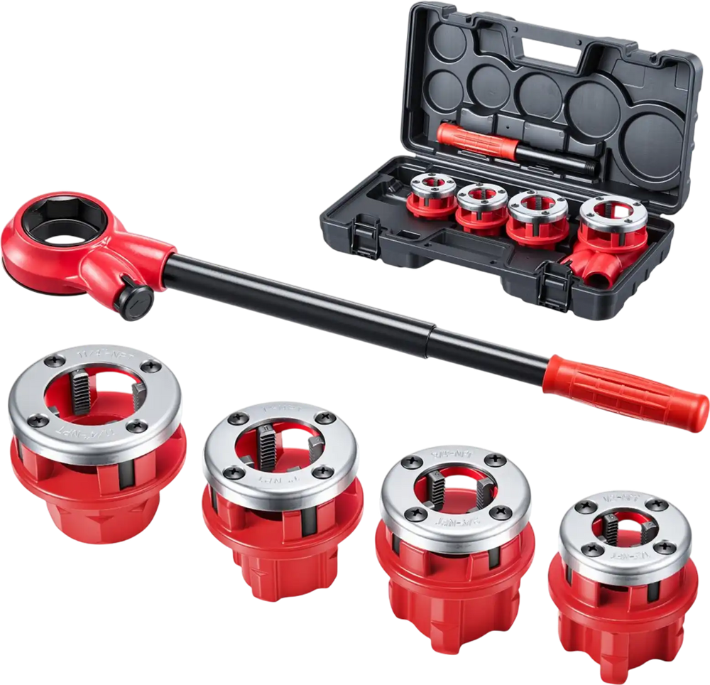 VEVOR Ratchet Pipe Threader Kit with 4 Dies, 1/2" NPT, 3/4" NPT, 1" NPT, 1-1/4" NPT Manual Ratcheting Pipe Threading Tool, Portable Pipes Threader Set with Toolbox for Plumbing Installation & Repair