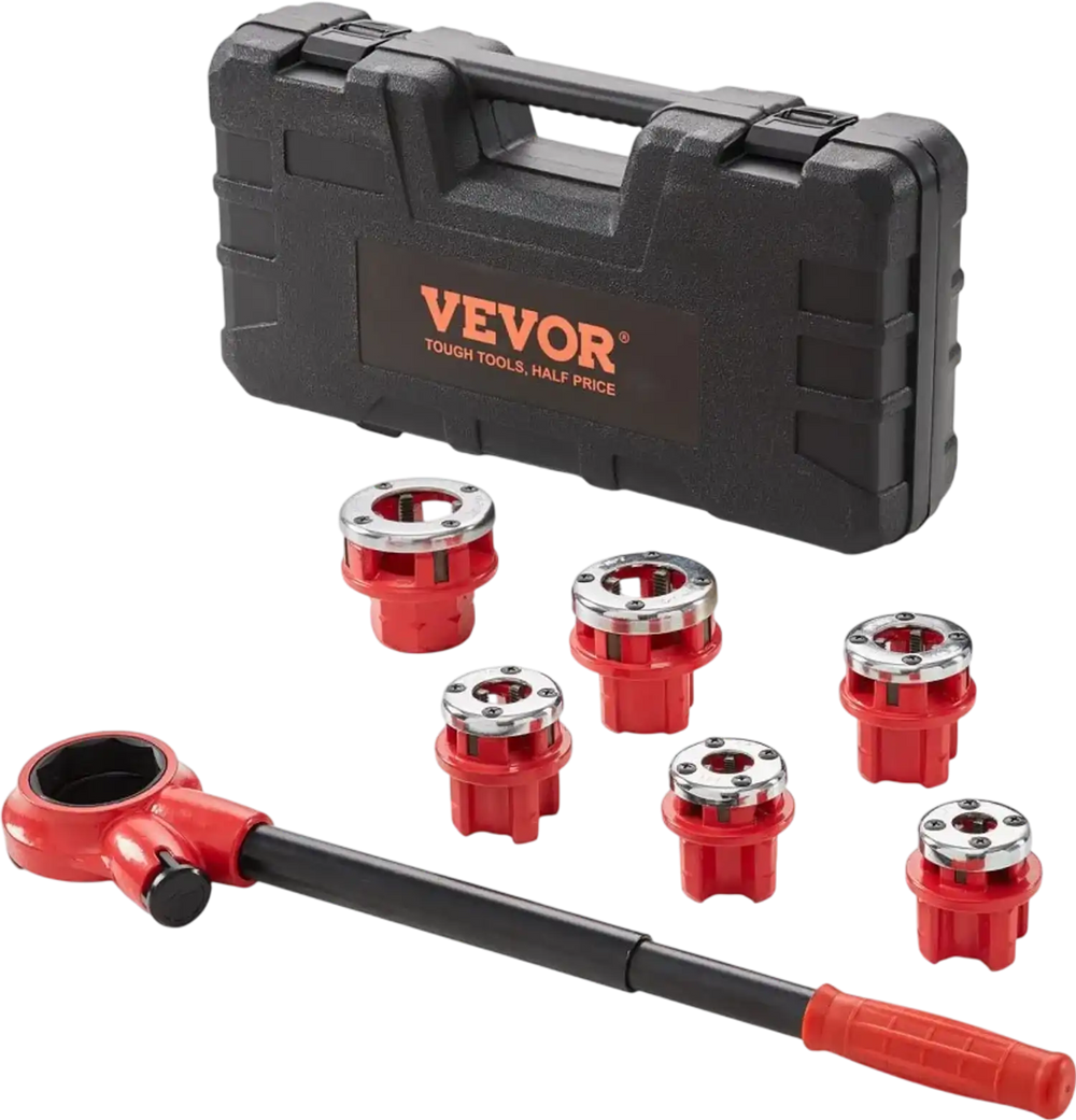 VEVOR Ratchet Pipe Threader Kit, 1/4" NPT - 1-1/4" NPT Manual Ratcheting Pipe Threader, Portable Pipe Threading Tool Set with 6PCS NPT Dies, Storage Case for Galvanized Aluminum Iron Copper Pipes