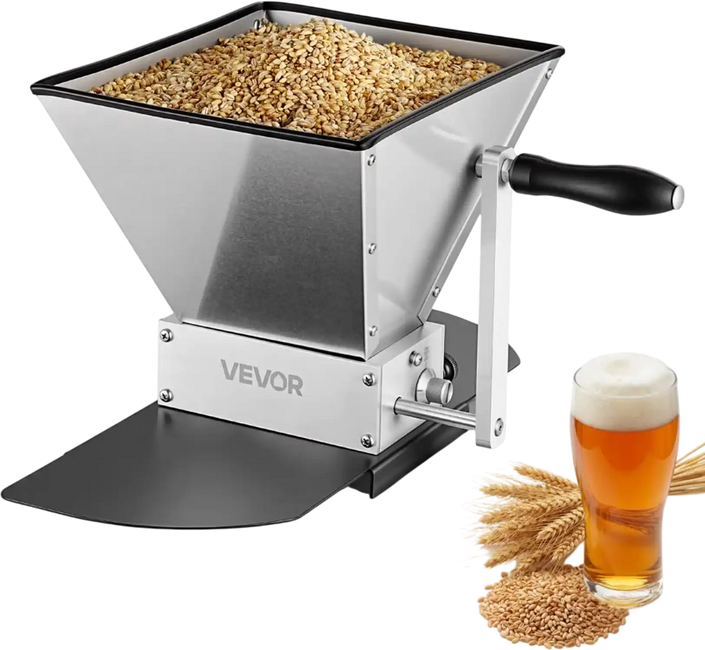 VEVOR Manual Grain Mill, Homebrew Malt Grinder, Adjustable Barley Mill Crusher for Wheat Beer Brewing - with 2 Stainless Steel Rollers, 1.06 Gallon Hopper & Metal Base Plate