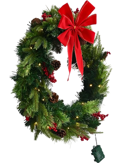VEVOR Christmas Wreath, 24 Inches Pre-Lit Artificial Christmas Wreath with 50 LED Lights and Timer, Decorated with Pine Cones, Red Berry Clusters, Holly Leaves, Suitable for Fireplace Door Window