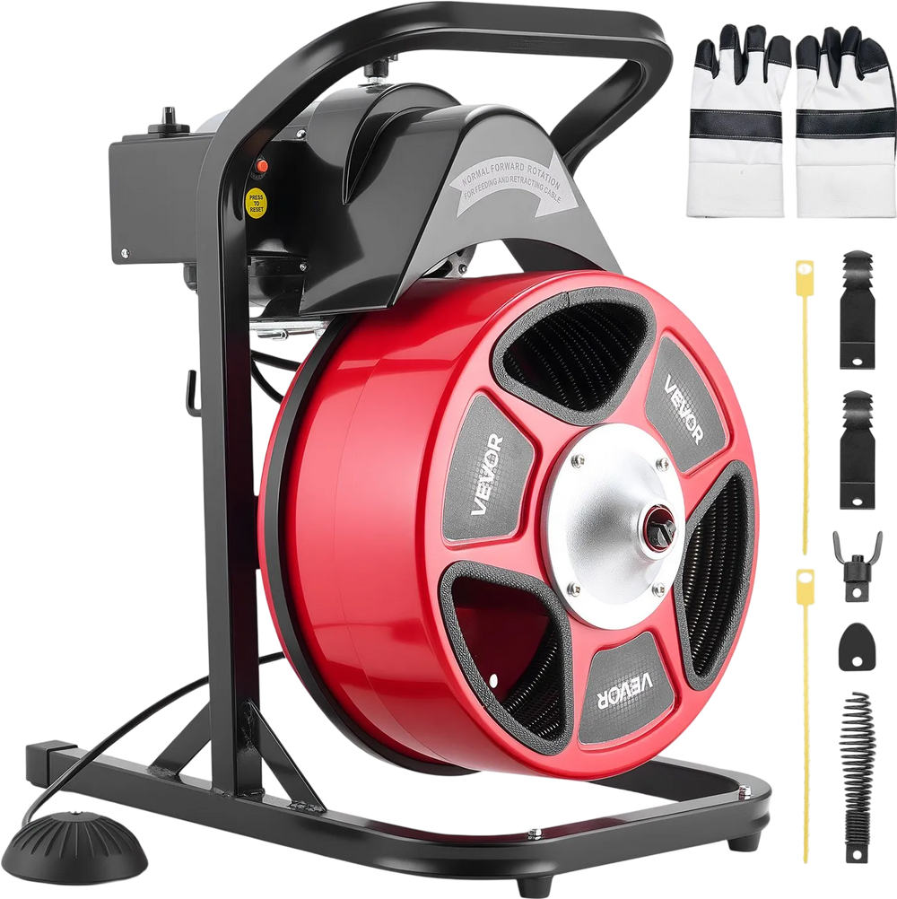 VEVOR Drain Cleaner Machine 50 FT x 1/2 Inch, Manual Feed Sewer Snake Auger with 4 Cutters & Air-Activated Foot Switch for 2" to 6" Pipes