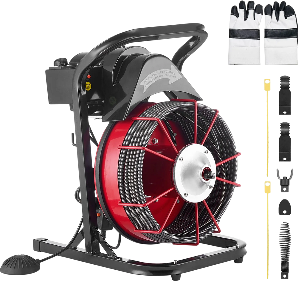 VEVOR Drain Cleaner Machine 75 FT x 1/2 Inch, Sewer Snake Auger Manual Feed with 4 Cutters & Air-activated Foot Switch for 2" to 6" Pipes