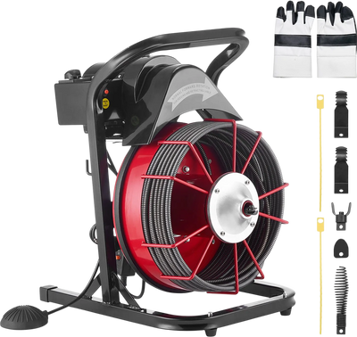 VEVOR Drain Cleaner Machine 75 FT x 1/2 Inch, Sewer Snake Auger Manual Feed with 4 Cutters & Air-activated Foot Switch for 2