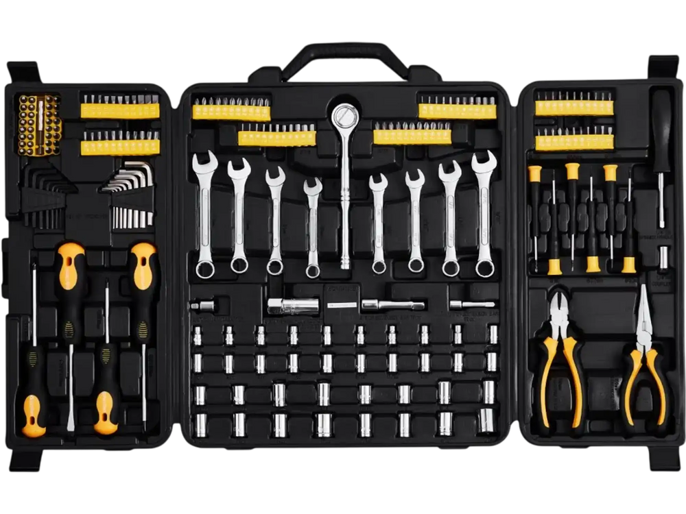 VEVOR 221-Piece Mechanics Tool Set, 1/4" and 3/8" Drive Sockets, SAE and Metric Mechanic Tool Kit with Bits, Wrenches, Ratchet Handle, Accessories, and Plastic Storage Case, for Automotive Repair