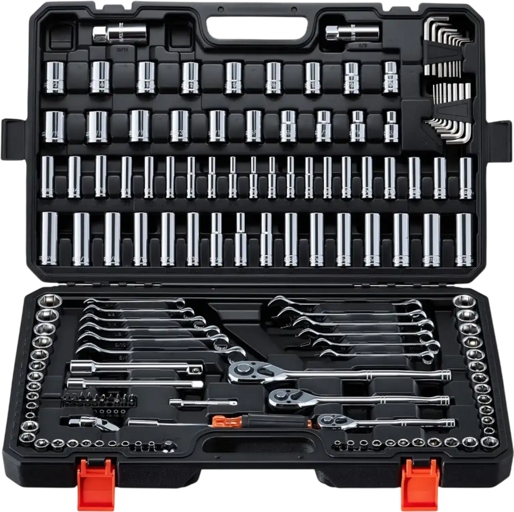 VEVOR Mechanics Tool Set, 159-Piece Mechanic Tool Kit, 1/4 in, 3/8 in, and 1/2 in Drive, SAE and Metric Socket Set, Wrenches, Screwdriver Bits, Accessories, and Storage Case, for Automotive Repair