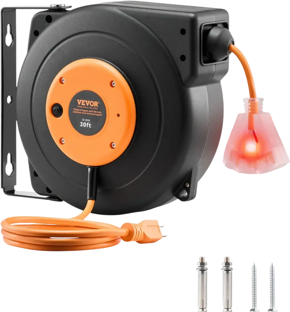 VEVOR Retractable Extension Cord Reel, 30 FT, Heavy Duty 16AWG/3C SJTOW Power Cord, with Lighted Triple Tap Outlet 10 Amp Circuit Breaker, for Ceiling or Wall Mount Garage and Shop, ETL Listed