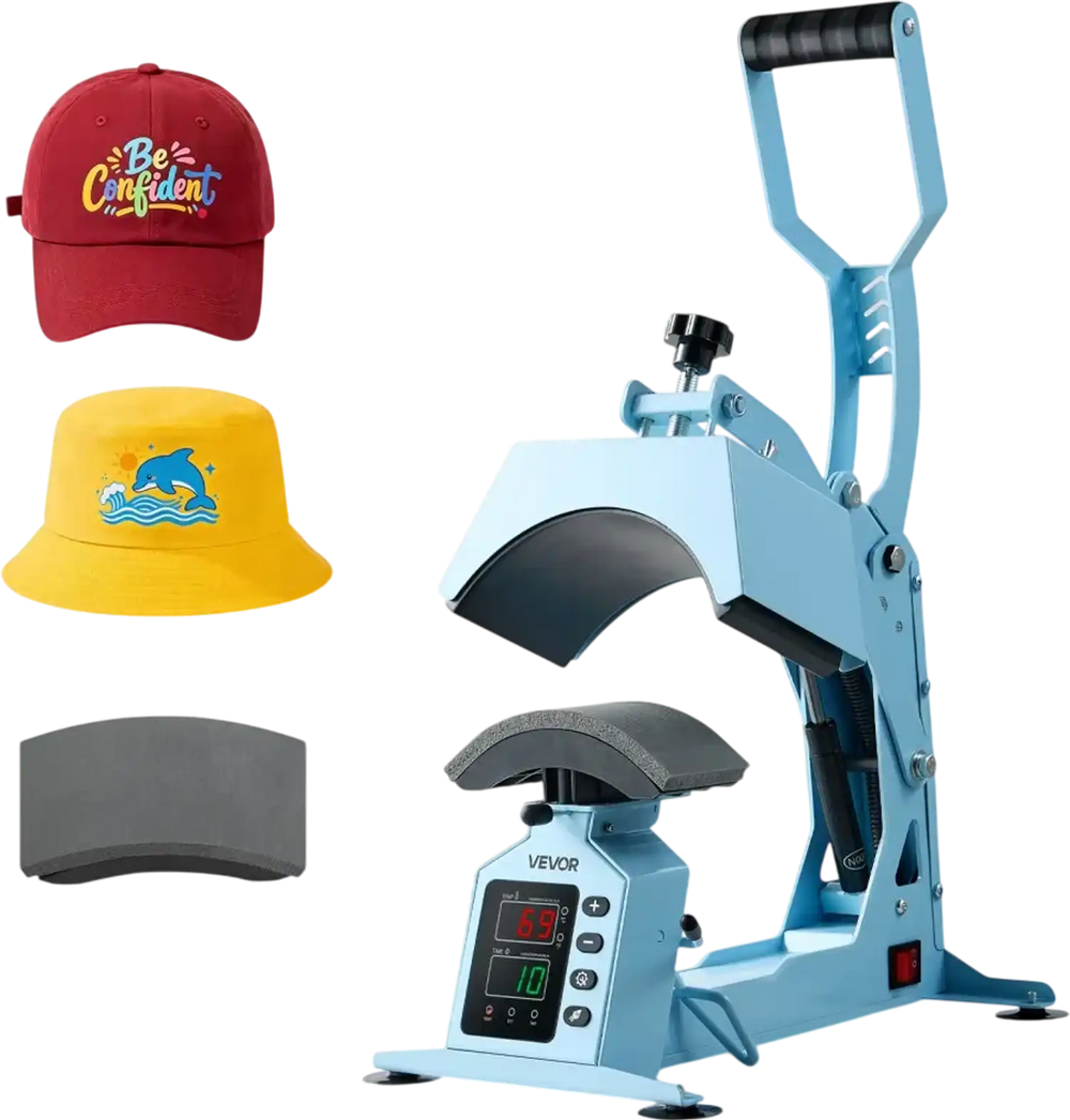 VEVOR Hat Heat Press Machine, with 2 Interchangeable Platens and Caps Stretcher, Precise Temperature & Time Control, Heat Press for Hats and Caps, for HTV Iron On and Sublimation Projects, Light Blue