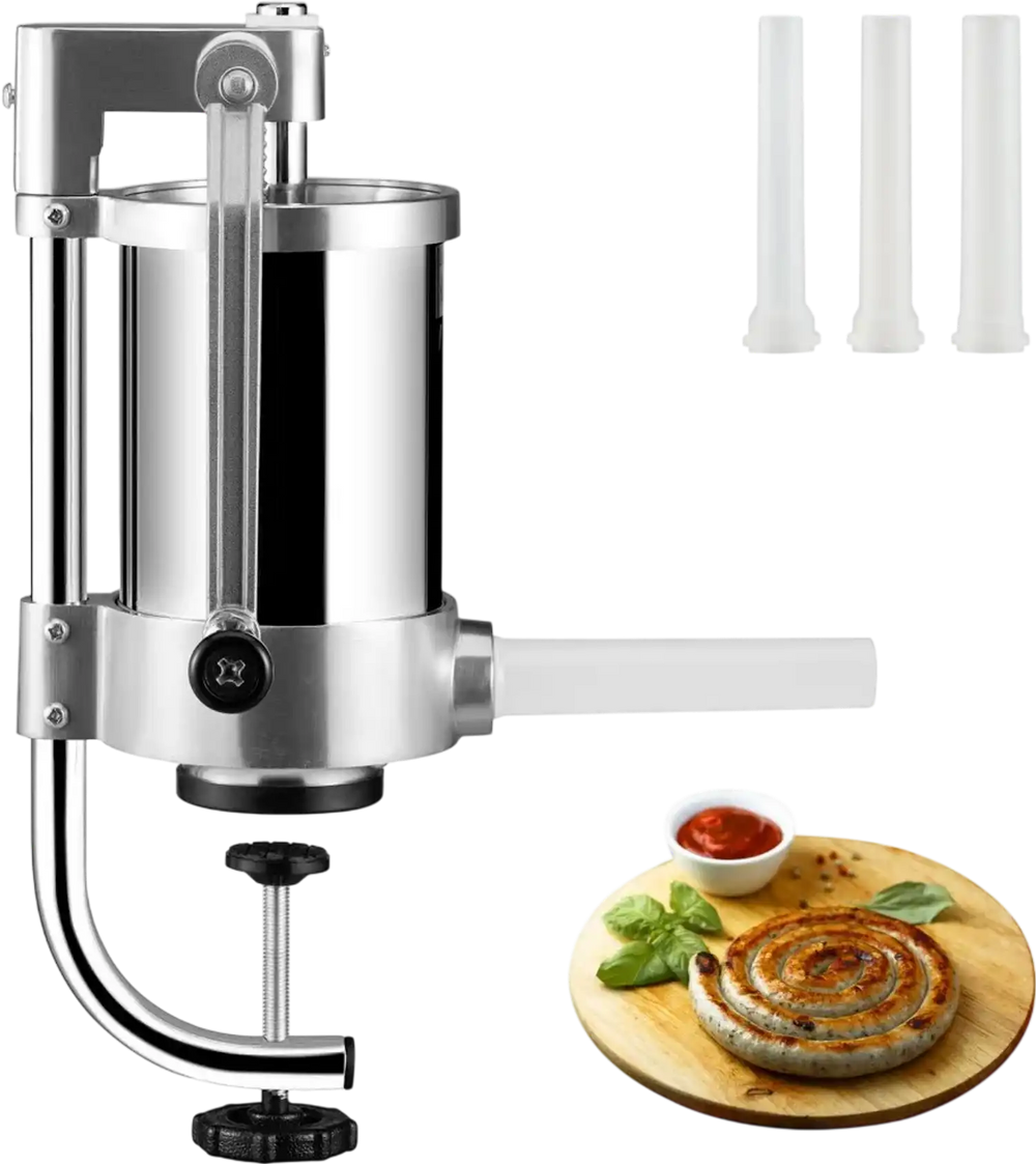 VEVOR Sausage Stuffer, 2.5LBS/1.5L Capacity, 304 Stainless Steel Vertical Sausage Stuffer, Sausage Filling Machine with 3 Stuffing Tubes, Suction Base and Manual Crank for Household or Commercial Use