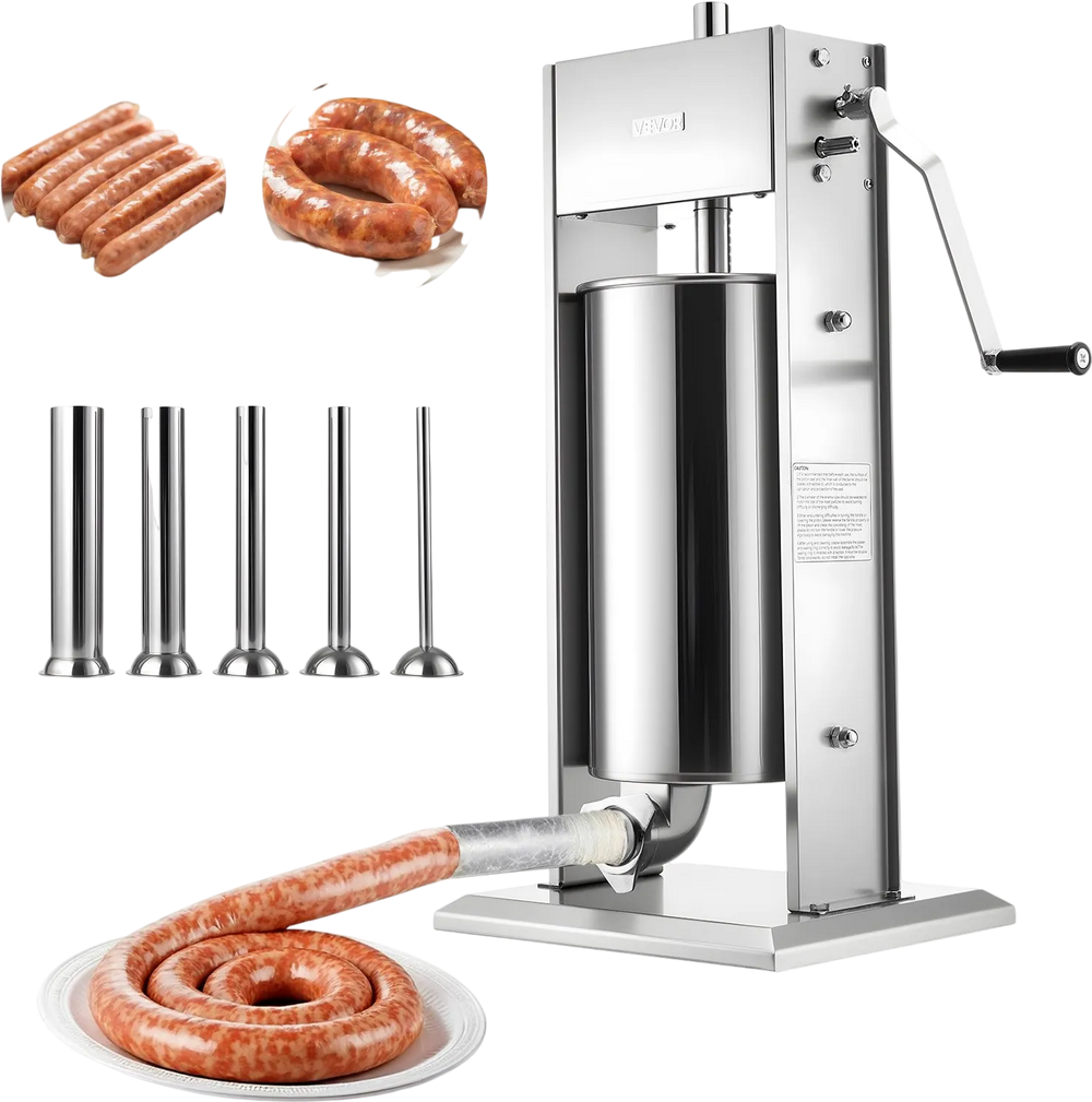 VEVOR Manual Sausage Stuffer, 33 LBS / 15 L Vertical Meat Stuffer, Heavy Duty Sausage Casing Meat Stuffing Machine, Dual-Speed Stainless Steel Filler with 5 Filling Tubes, for Commercial and Home Use