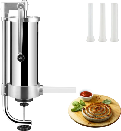 VEVOR Sausage Stuffer, 5LBS/3L Capacity, 304 Stainless Steel Vertical Sausage Stuffer, Sausage Filling Machine with 3 Stuffing Tubes, Suction Base and Manual Crank for Household or Commercial Use