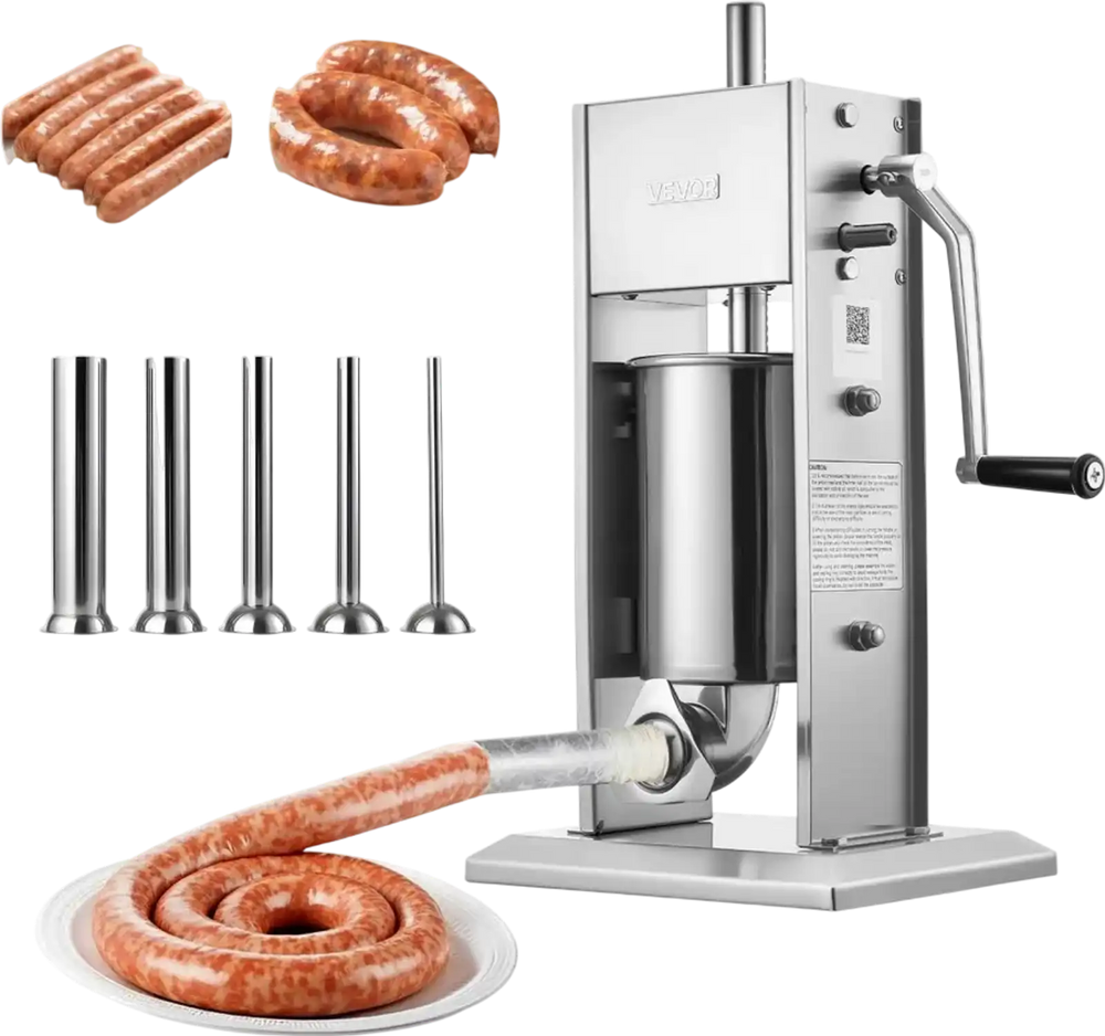 VEVOR Manual Sausage Stuffer, 7 LBS / 3 L Vertical Meat Stuffer, Heavy Duty Sausage Casing Meat Stuffing Machine, Dual-Speed Stainless Steel Filler with 5 Filling Tubes, for Commercial and Home Use