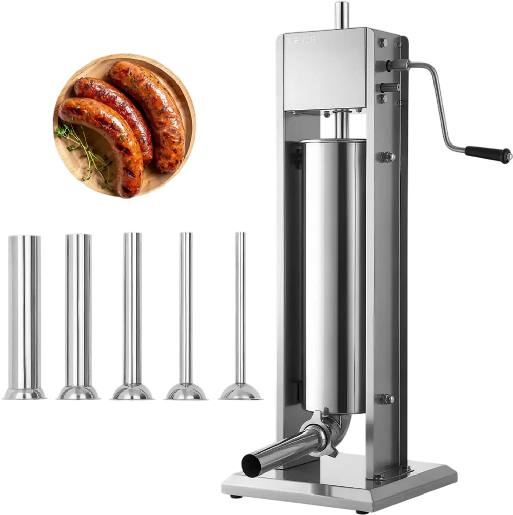 VEVOR Manual Sausage Stuffer 7L/15LBS Vertical Sausage Machine Dual-Speed, Food-Grade 304 Stainless Steel Meat Stuffer, Includes 5 Stuffing Tubes, for Home Kitchen Restaurant Commercial