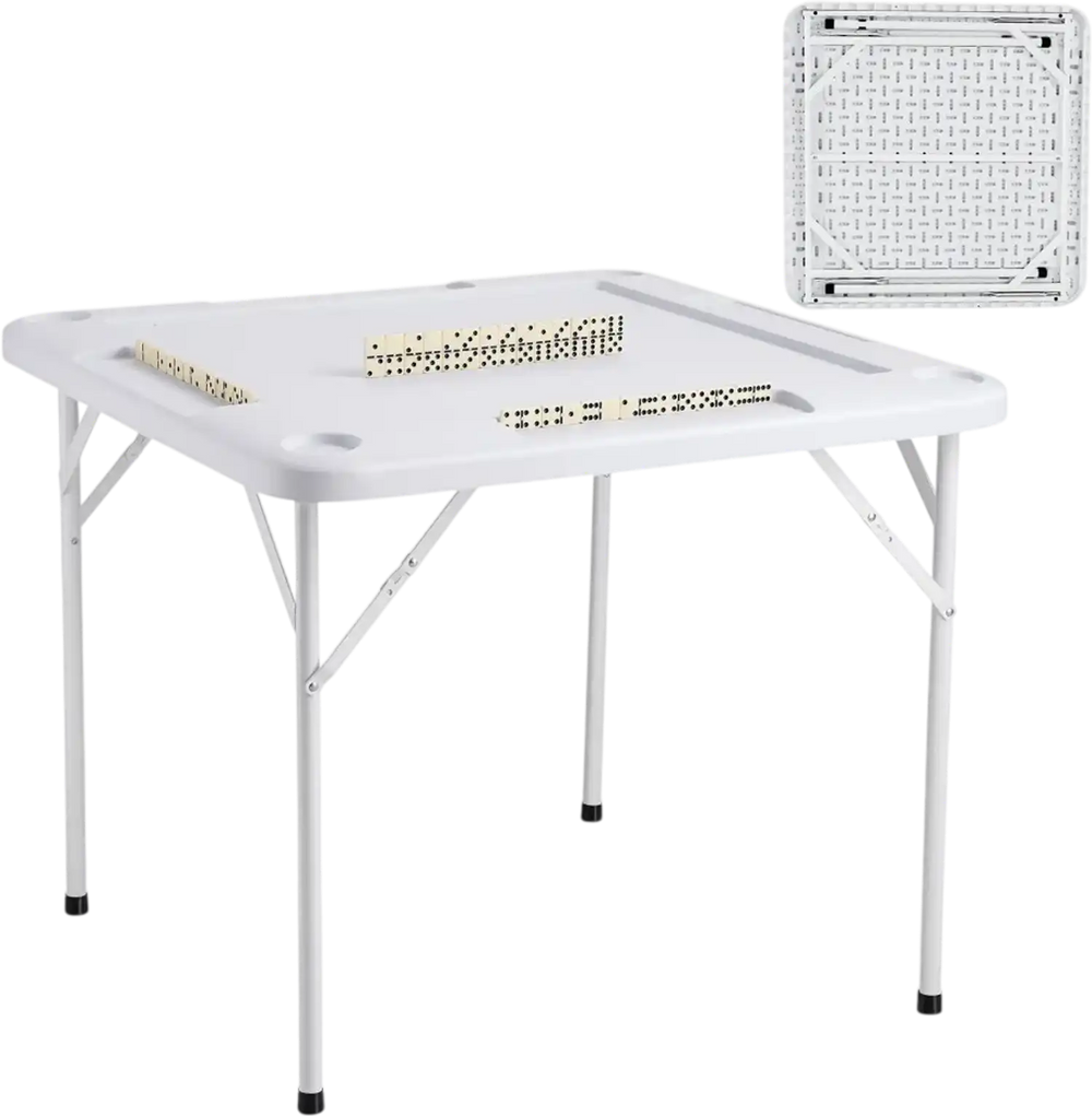 VEVOR Mahjong Table, Square 4 Player Folding Card Table with 4 Cup Holders & 4 Chip Trays, Portable Domino Game Table with 1 Set of Dominoes for Mahjong Poker Puzzles, 35.4 x 35.4-inch, White
