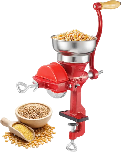 VEVOR Manual Grain Mill with Low Hopper, Hand-Crank Corn Grinder, Heavy Duty Cast Iron Wheat Grinding Mill with Stable Table Clamp & Dust Cover for Grains Spices Coffee Beans Nuts