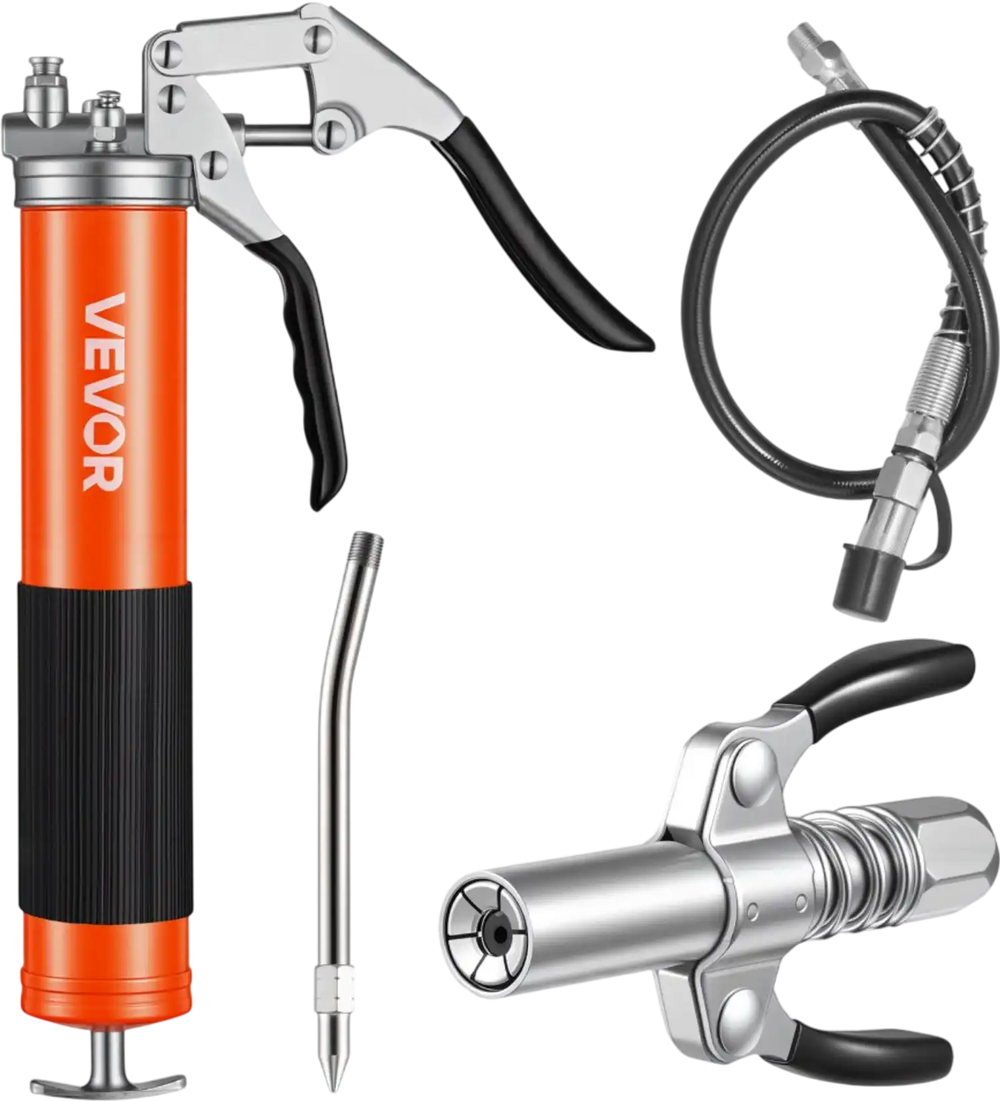 VEVOR Grease Gun, 8000 PSI, Pistol Grip Grease Gun Kit with 14 oz Capacity, Includes 18-Inch Flex Hose, Double Handle Grease Coupler, Extension Rigid Pipe & Sharp Type Nozzle for Automotive, Marine