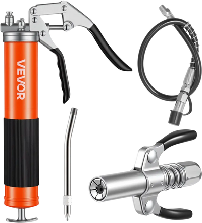 VEVOR Grease Gun, 8000 PSI, Pistol Grip Grease Gun Kit with 14 oz Capacity, Includes 18-Inch Flex Hose, Double Handle Grease Coupler, Extension Rigid Pipe & Sharp Type Nozzle for Automotive, Marine