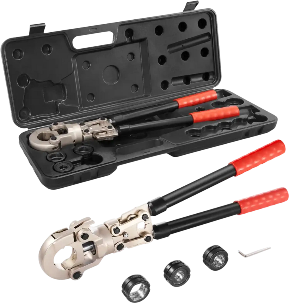 VEVOR Copper Press Tool Tube Fittings Crimping Kit, 360° Rotatable Press Crimper Tool with 1/2", 3/4", 1" Quick Change Jaws, Locking Pin & Extendable Handle, Meet ASTM B88 and B75 Standard