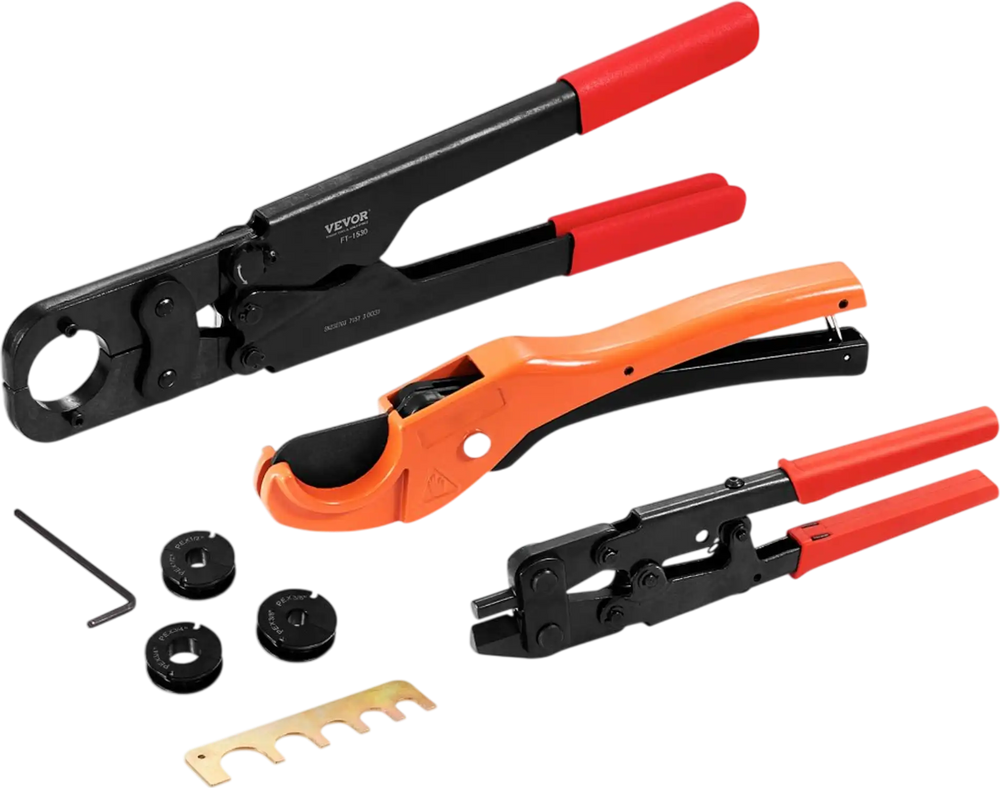 VEVOR PEX Pipe Crimping Tool Kit, Press Crimper for 3/8", 1/2", 3/4", 1" Crimp Rings, with 3 Jaw Dies, PEX Tubing Cutter, Go/No-Go Gauge, Copper Ring Removal Tool, Meets ASTM F1807 Standards
