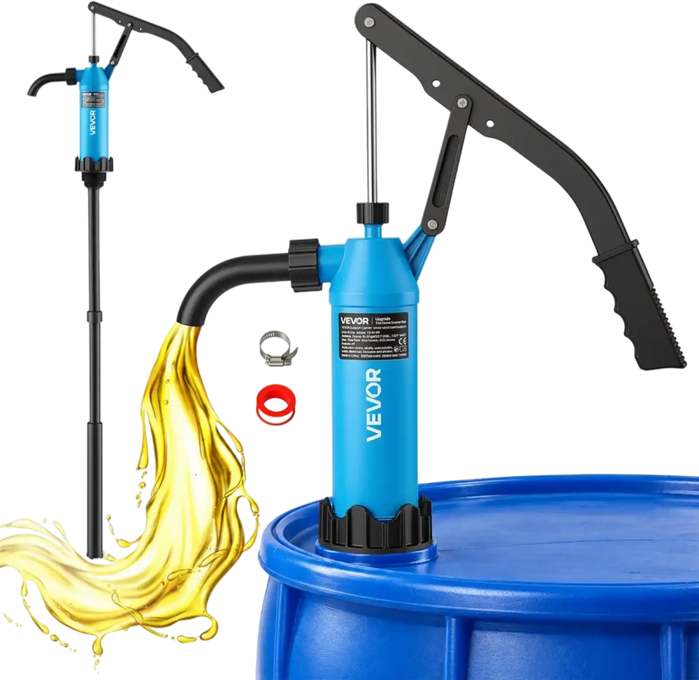 VEVOR Drum Pump 10 oz per Stroke PP Hand Operated DEF Pump Blue + Black, Fits 15 to 55 Gallon Drums & Barrels, with Telescoping Suction Tube, Transfers Water, Diesel, Kerosene, Mild Acids & Alkalis