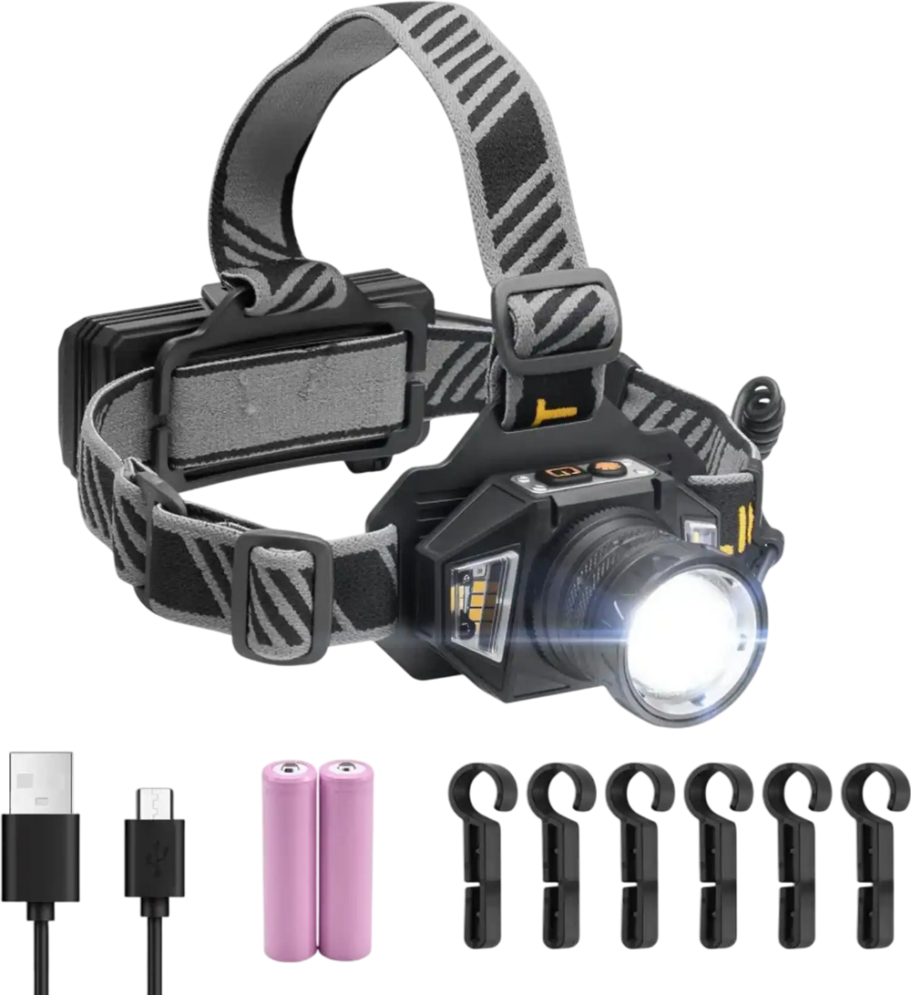 VEVOR Headlamp, Bright LED Rechargeable Headlight, Lightweight Head Flashlight with 16 Lighting Modes, Adjustable Headband & 90° Angle, Zoomable Head Lamp for Camping, Running, Hiking, Fishing
