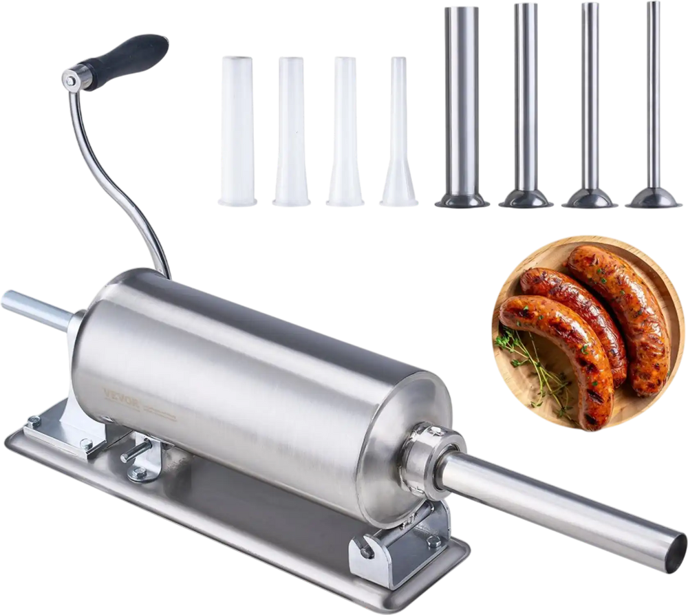 VEVOR Manual Sausage Stuffer, 2.5 L / 6 LBS Horizontal Sausage Machine with U-type Clamp, Made of Food-Grade Stainless Steel, Includes 8 Stuffing Tubes, for Home Kitchen Restaurant Commercial