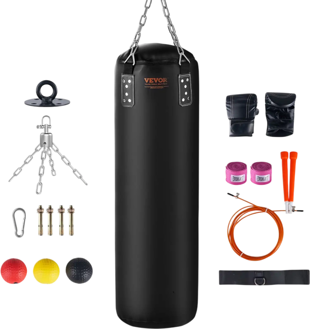 VEVOR Punching Bag for Adults, 4ft PVC Heavy Boxing Bag Set, Punching Bag with Chains and Gloves, Hanging Boxing Bag for MMA Karate Judo, Muay Thai Kickboxing Boxing, Home Gym Training, (Unfilled)