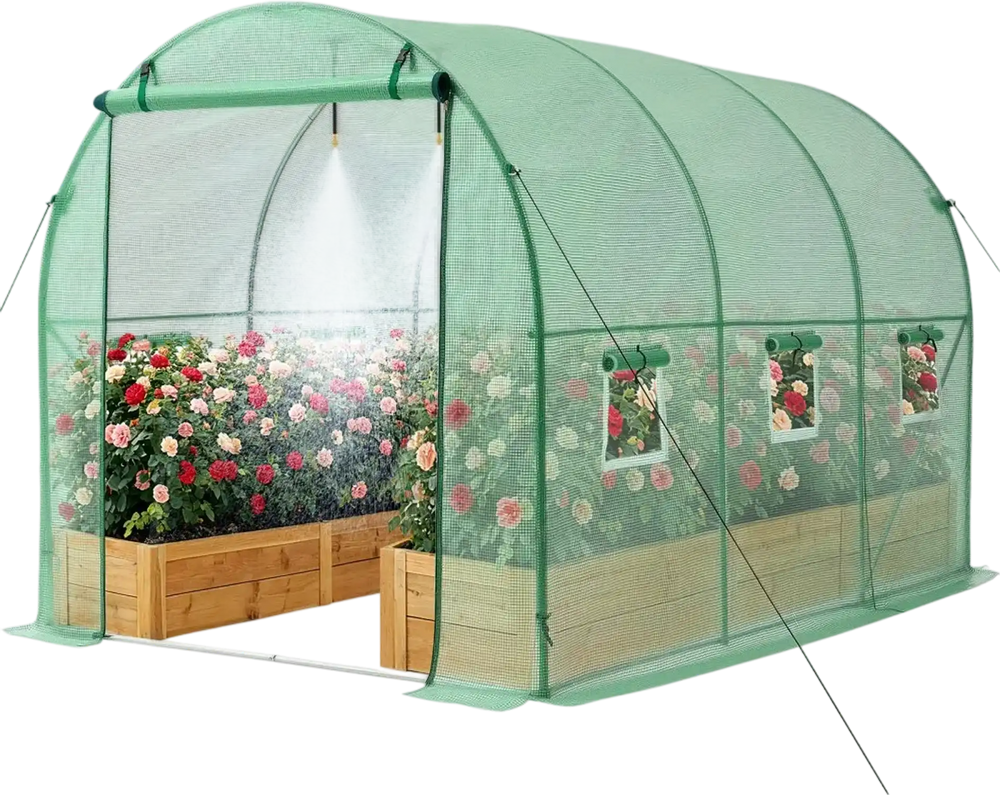 VEVOR Walk-in Tunnel Greenhouse, 10 x 7 x 7 ft Hoop House Greenhouse Tunnel, Plant Hot House with 4 Nozzles, 26.25 ft Hose, Steel Frame, PE Cover, Roll-up Zipper Door and 6 Windows for Outdoors, Green