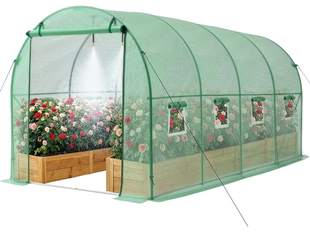 VEVOR Walk-in Tunnel Greenhouse, 15 x 7 x 7 ft Hoop House Greenhouse Tunnel with Watering System, Plant Hot House with Steel Frame, PE Cover, Roll-Up Zipper Door and 8 Windows for Outdoors, Green