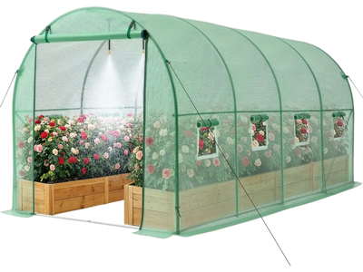 VEVOR Walk-in Tunnel Greenhouse, 15 x 7 x 7 ft Hoop House Greenhouse Tunnel with Watering System, Plant Hot House with Steel Frame, PE Cover, Roll-Up Zipper Door and 8 Windows for Outdoors, Green