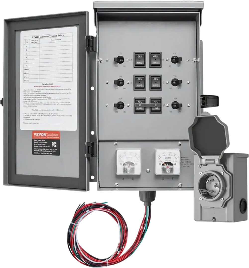 VEVOR Manual Transfer Switch, 30-Amp 6-Circuit, Prewired Generator Transfer Switch Kit with NEMA L14-30P Power Inlet Box, Double-Throw Switch, NEMA 3R, Mechanical Watt Meter, for 7500W Generators