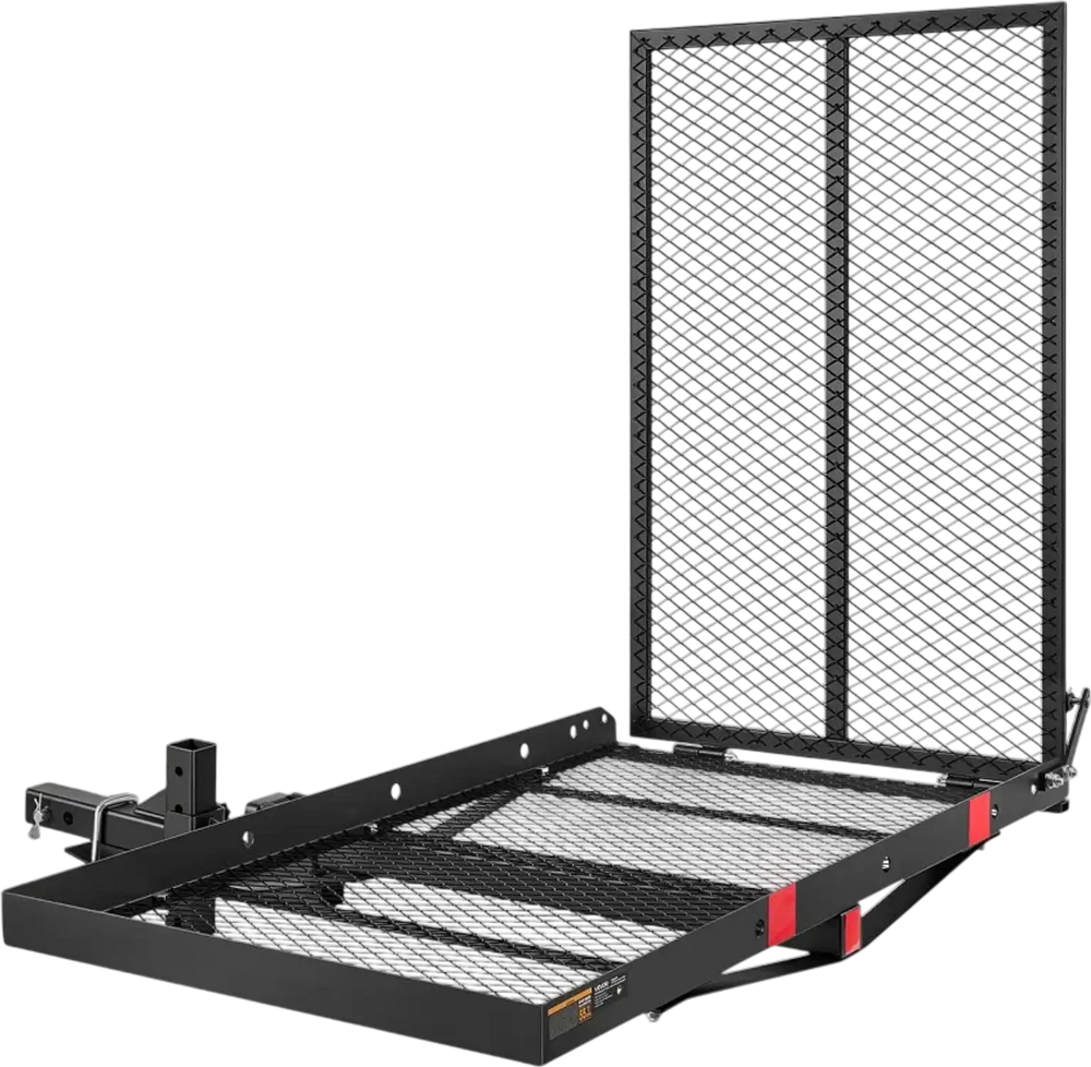 VEVOR Hitch Mount Wheelchair Carrier Height Adjustable, 500LBS Steel Mobility Scooter Carrier Cargo Basket with Folding Ramp & Stabilizer Kit, Fits 2" Hitch Receiver for Truck SUV Car, 46.1" x 26.8"