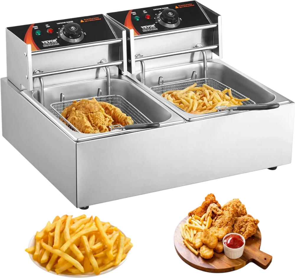 VEVOR Commercial Deep Fryer, Dual Tank 3000W Electric Countertop Fryer with Basket, 2 x 9.1Qt/8.6L Double Stainless Steel Oil Fryer, with Temp Control & Overheat Protection, for Kitchen Restaurant Use