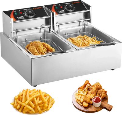 Vevor Deep Fryer Commercial Electric Dual Tank Countertop 3000W 2 x 9.1 Qt Stainless Steel New