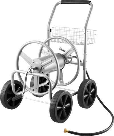 VEVOR Hose Reel Cart, Hold Up to 300 ft of 5/8’’ Hose, Garden Water Hose Carts Mobile Tools with 4 Wheels, Heavy Duty Powder-coated Steel Outdoor Planting with Storage Basket, for Garden, Yard, Lawn