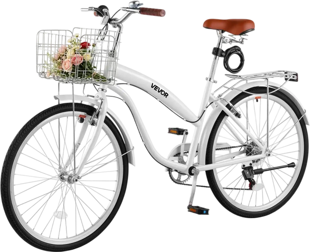 VEVOR Women Bike, 26 in Beach Cruiser Bike, 7-Speed Adult City Bicycle with Carbon Steel Frame, 330 lbs Capacity, Basket, Rear Rack & Dual V-Brakes, White