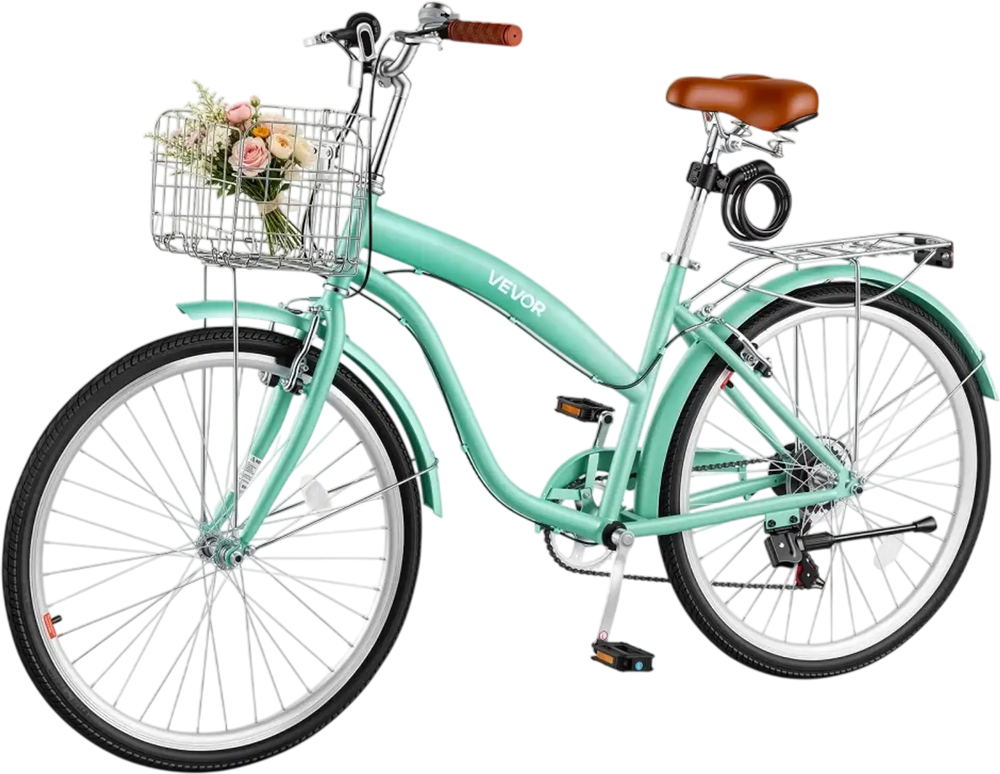 VEVOR Women Bike, 26 in Beach Cruiser Bike, 7-Speed Adult City Bicycle with Carbon Steel Frame, 330 lbs Capacity, Basket, Rear Rack & Dual V-Brakes, Mint Green