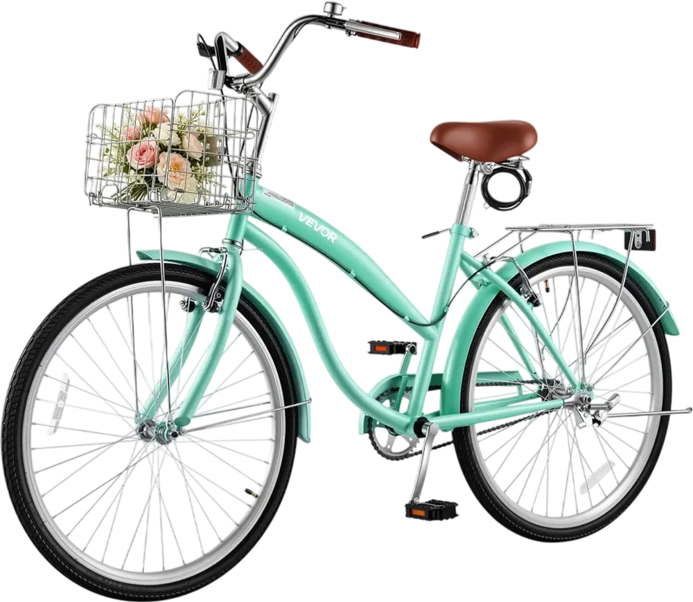 VEVOR Women Bike, 26 in Beach Cruiser Bike, Single-Speed Adult City Bicycle with Steel Frame, 330 lbs Capacity, Basket, Rear Rack & Dual V-Brakes, Mint Green