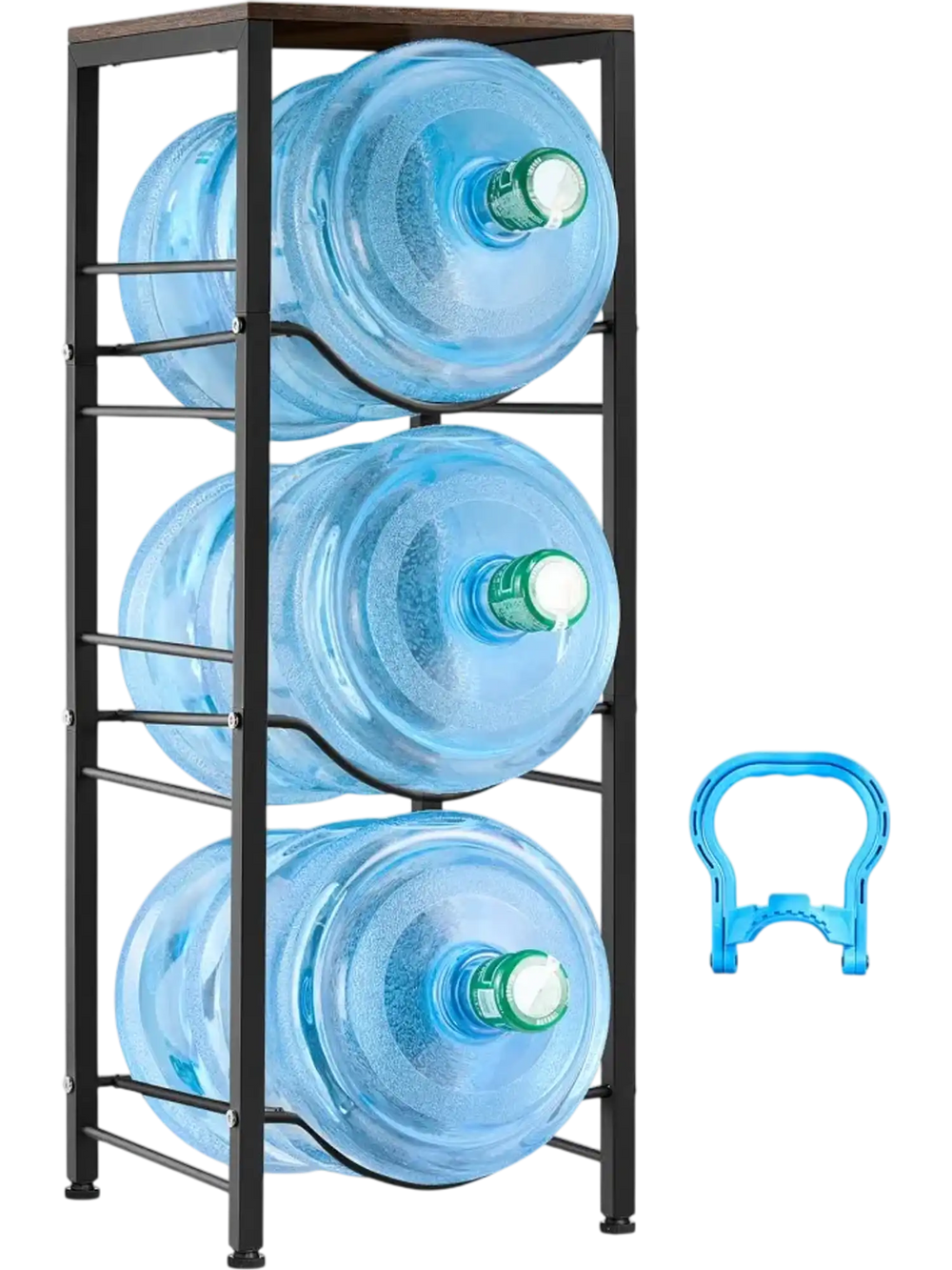 VEVOR Water Jug Holder, 4 Tiers 3 and 5 Gallon Water Bottle Holder for 3 Bottles, Heavy Duty Jug Rack Organizer with Storage Shelf, Detachable for Kitchen, Office, Living Room, Black and Brown