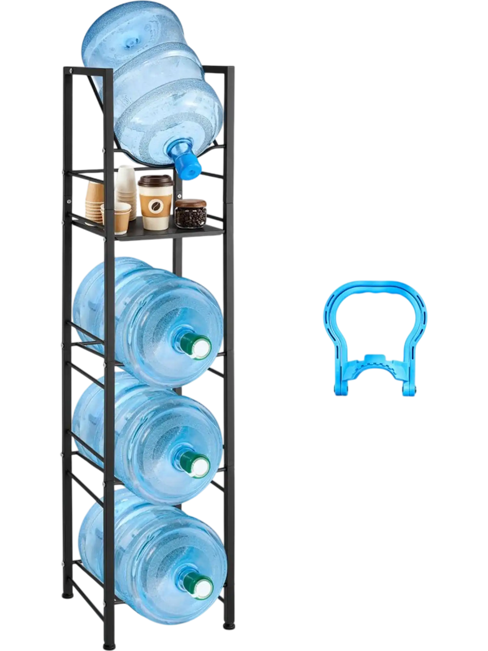 VEVOR Water Jug Holder, 5 Tiers 3 and 5 Gallon Water Bottle Holder for 4 Bottles, Heavy Duty Jug Rack Organizer with Storage Shelf, Adjustable Feet, and Handle, for Kitchen, Office, Living Room, Black