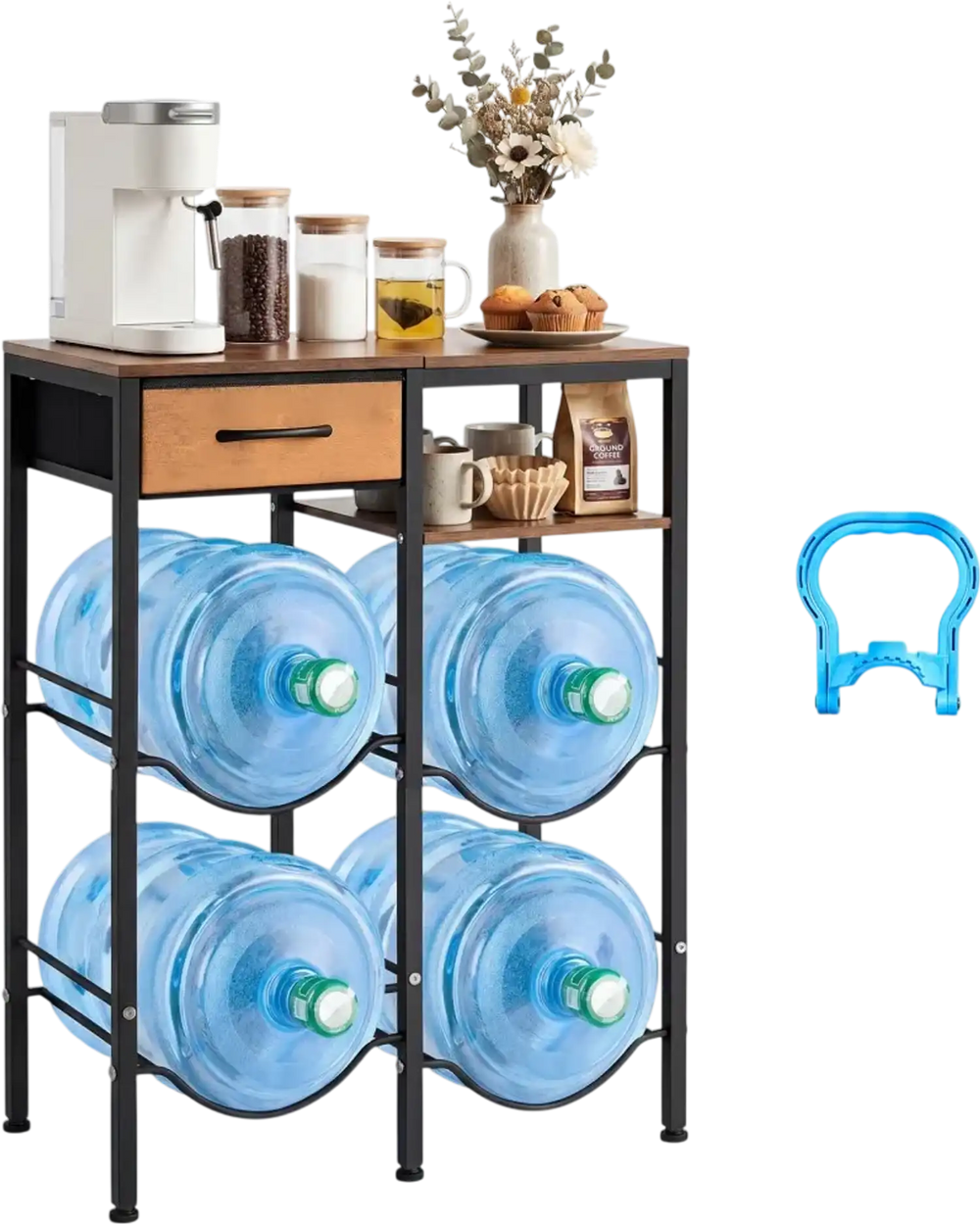 VEVOR Water Jug Holder, 4 Tiers Double Rows 3 and 5 Gallon Water Bottle Holder for 4 Bottles, Heavy Duty Jug Rack Organizer with Storage Shelf and Drawer, for Kitchen, Living Room, Black and Brown