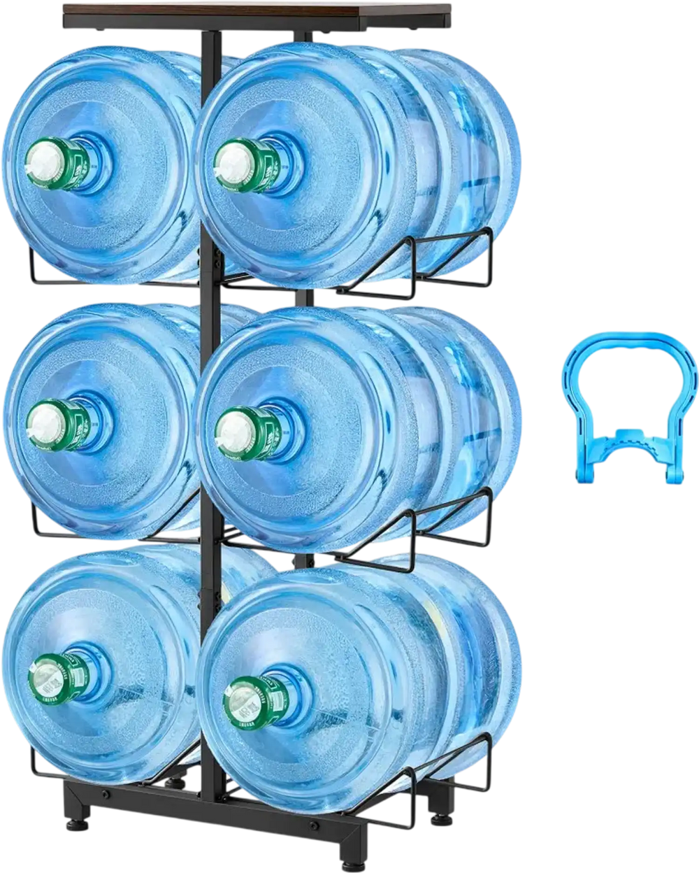 VEVOR Water Jug Holder, 4 Tiers Double Rows 3 and 5 Gallon Water Bottle Holder for 6 Bottles, Heavy Duty Jug Rack Organizer with Handles, Foldable for Kitchen, Office, Living Room, Black and Brown