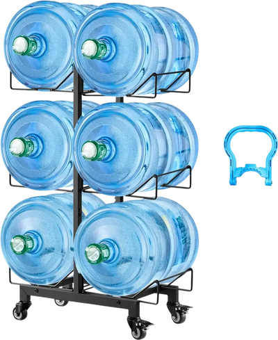 VEVOR Water Jug Holder, 3 Tiers Double Rows 3 and 5 Gallon Water Bottle Holder for 6 Bottles, Heavy Duty Jug Rack Organizer with Casters and Handles, Foldable for Kitchen, Office, Living Room, Black