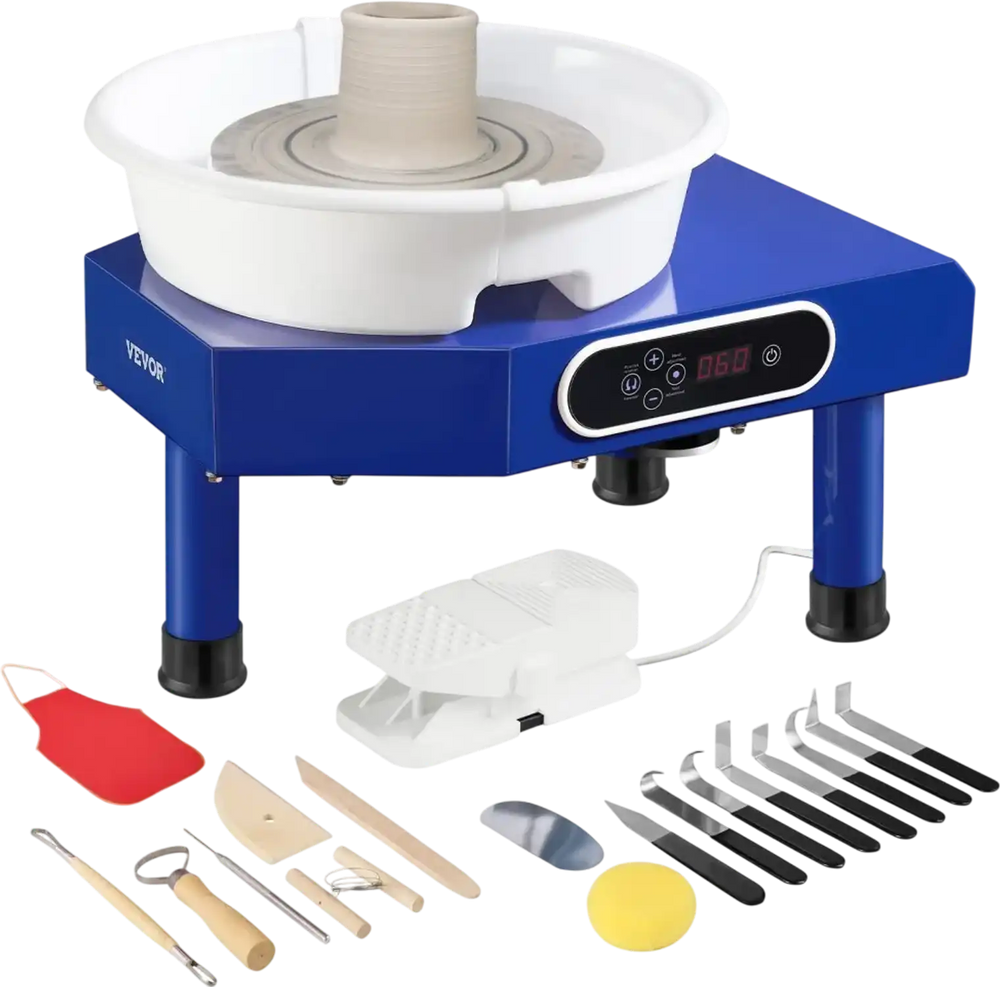 VEVOR Pottery Wheel, 10 in Ceramic Wheel Forming Machine, 60-300 RPM Adjustable Speed with Foot Pedal, ABS Detachable Basin, Manual LCD Panel, Sculpting Tool and Apron, for Home Pottery Craft DIY