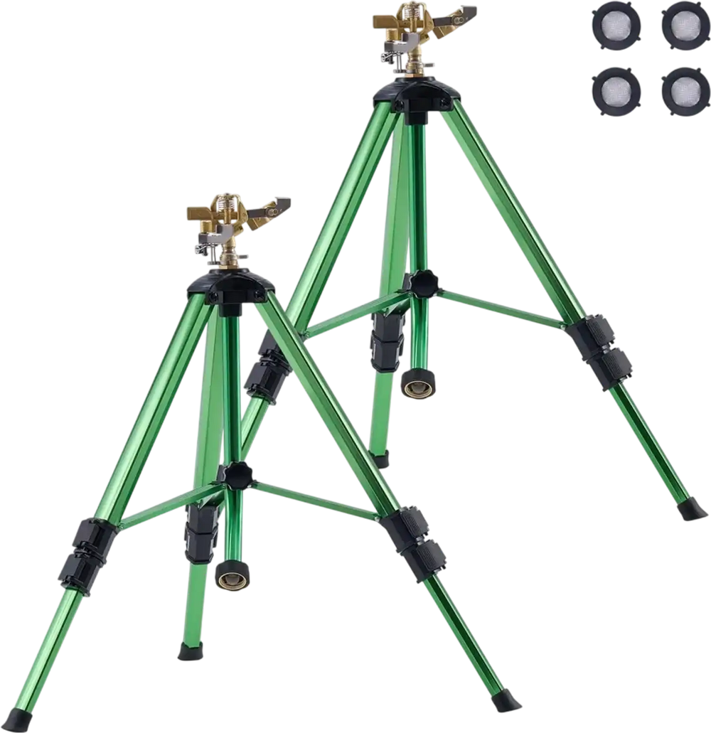 VEVOR Impact Sprinkler on Tripod Base, 2 Packs, Heavy Duty Tripod Sprinklers with Brass Head & 3/4"NH Connector, 360 Degree Large Area Irrigation Sprinkler, Adjustable Heights Sprinkler for Yard